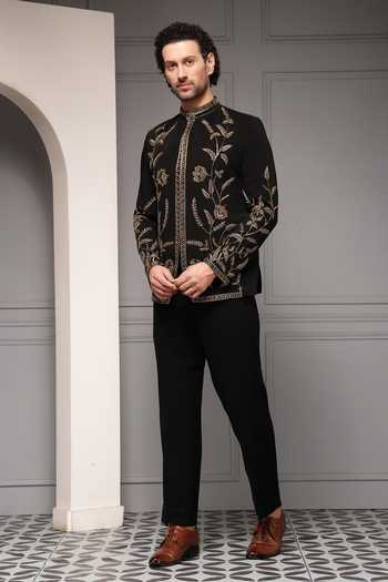 Shop_Soniya G_Black Viscose, Suiting Embroidery, Zari Zarafshan Noir Bandhgala Set _Online_at_Aza_Fashions