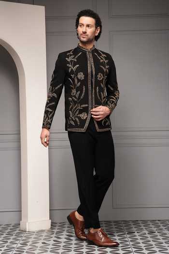 Buy_Soniya G_Black Viscose, Suiting Embroidery, Zari Zarafshan Noir Bandhgala Set 