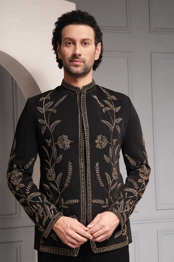 Shop_Soniya G_Black Viscose, Suiting Embroidery, Zari Zarafshan Noir Bandhgala Set 