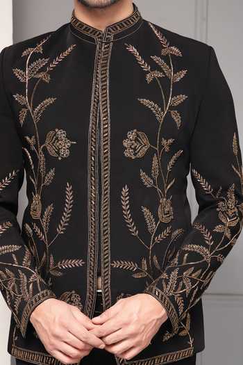 Soniya G_Black Viscose, Suiting Embroidery, Zari Zarafshan Noir Bandhgala Set _Online