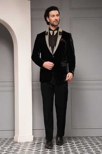 Soniya G_Black Velvet Sequins, Zari Velour Embellished Blazer Set _Online_at_Aza_Fashions