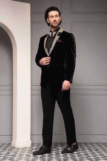 Shop_Soniya G_Black Velvet Sequins, Zari Velour Embellished Blazer Set _Online_at_Aza_Fashions