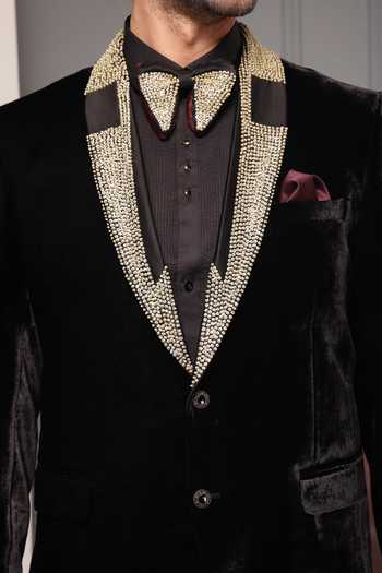Soniya G_Black Velvet Sequins, Zari Velour Embellished Blazer Set _at_Aza_Fashions