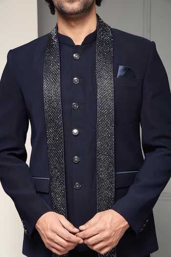 Soniya G_Blue Suiting Regal Midnight Textured Bandhgala Set _Online_at_Aza_Fashions