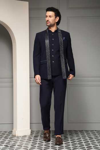 Soniya G_Blue Suiting Regal Midnight Textured Bandhgala Set _at_Aza_Fashions
