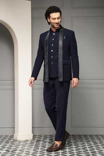 Buy_Soniya G_Blue Suiting Regal Midnight Textured Bandhgala Set 