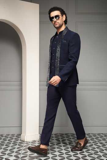 Shop_Soniya G_Blue Suiting Regal Midnight Textured Bandhgala Set 