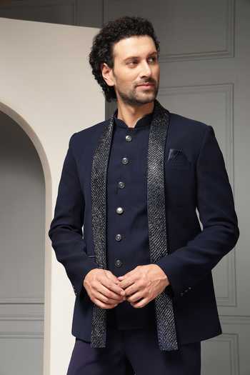 Soniya G_Blue Suiting Regal Midnight Textured Bandhgala Set _Online