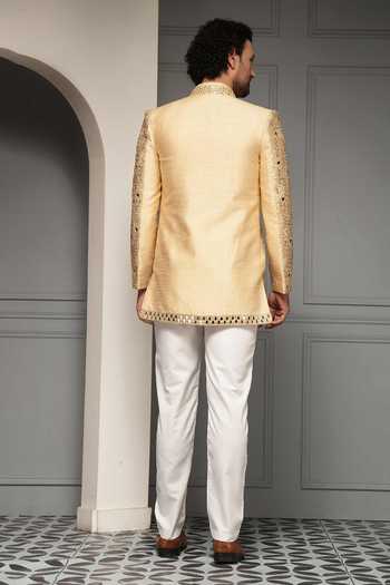 Shop_Soniya G_Gold Silk, Jacquard, Suiting Zari, Cut Zar-e-sultan Embroidered Bandhgala Set _at_Aza_Fashions