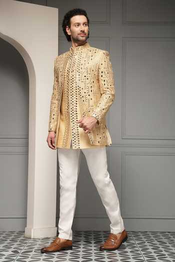 Shop_Soniya G_Gold Silk, Jacquard, Suiting Zari, Cut Zar-e-sultan Embroidered Bandhgala Set _Online_at_Aza_Fashions