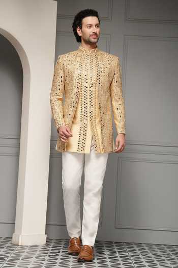 Soniya G_Gold Silk, Jacquard, Suiting Zari, Cut Zar-e-sultan Embroidered Bandhgala Set _at_Aza_Fashions