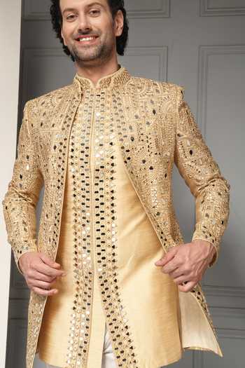 Buy_Soniya G_Gold Silk, Jacquard, Suiting Zari, Cut Zar-e-sultan Embroidered Bandhgala Set 