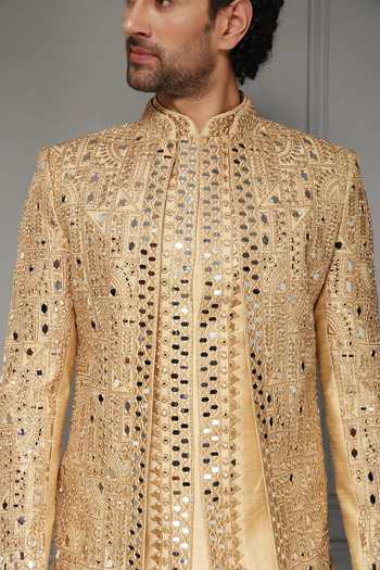 Shop_Soniya G_Gold Silk, Jacquard, Suiting Zari, Cut Zar-e-sultan Embroidered Bandhgala Set 