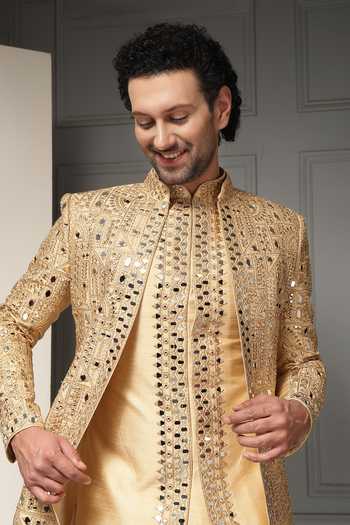 Soniya G_Gold Silk, Jacquard, Suiting Zari, Cut Zar-e-sultan Embroidered Bandhgala Set _Online