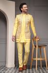 Buy_Soniya G_Gold Silk, Jacquard, Suiting Sunehri Utsav Silk-blend Bandhgala Kurta Set _at_Aza_Fashions