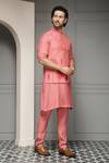 Buy_Soniya G_Coral Silk, Linen Gulnaar Bloom Linen-silk Kurta Set With Nehru Jacket _Online_at_Aza_Fashions