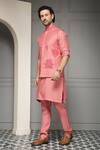 Shop_Soniya G_Coral Silk, Linen Gulnaar Bloom Linen-silk Kurta Set With Nehru Jacket _Online_at_Aza_Fashions