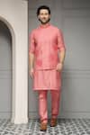 Soniya G_Coral Silk, Linen Gulnaar Bloom Linen-silk Kurta Set With Nehru Jacket _at_Aza_Fashions