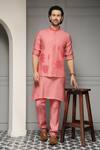 Buy_Soniya G_Coral Silk, Linen Gulnaar Bloom Linen-silk Kurta Set With Nehru Jacket _at_Aza_Fashions
