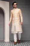 Buy_Soniya G_Ivory Silk, Viscose, Cotton Embroidery Zar-e-bahaar Blend Sherwani Set _at_Aza_Fashions