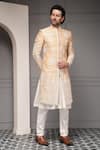 Shop_Soniya G_Ivory Silk, Viscose, Cotton Embroidery Zar-e-bahaar Blend Sherwani Set 