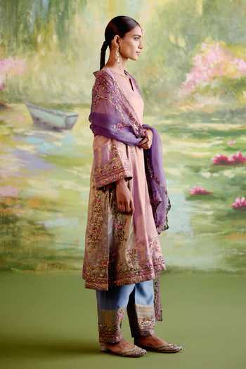 Shop_Naaz By Noor_Purple Chanderi, Tissue, Organza Embroidery V-neck Jor Baagh Kurta Set _at_Aza_Fashions