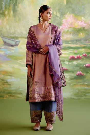 Buy_Naaz By Noor_Purple Chanderi, Tissue, Organza Embroidery V-neck Jor Baagh Kurta Set _at_Aza_Fashions