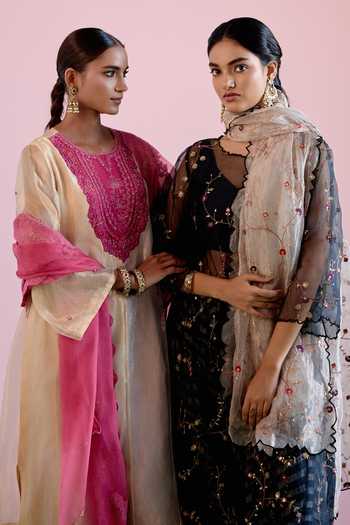 Buy_Naaz By Noor_Black Chanderi, Organza, Tissue Zari, Sequins, Jor Baagh Sheer Kurta Pant Set _Online_at_Aza_Fashions