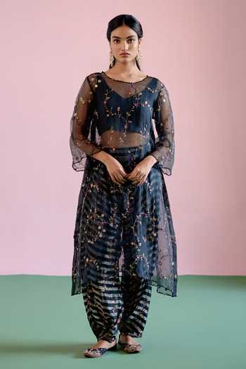 Naaz By Noor_Black Chanderi, Organza, Tissue Zari, Sequins, Jor Baagh Sheer Kurta Pant Set _at_Aza_Fashions