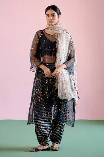 Buy_Naaz By Noor_Black Chanderi, Organza, Tissue Zari, Sequins, Jor Baagh Sheer Kurta Pant Set _at_Aza_Fashions