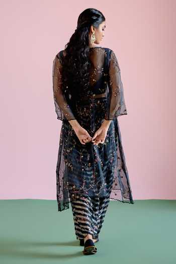 Shop_Naaz By Noor_Black Chanderi, Organza, Tissue Zari, Sequins, Jor Baagh Sheer Kurta Pant Set _at_Aza_Fashions