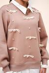 The Episode_Brown Fleece, Cotton Pearls, Bows, Ribbons Main Character Embellished Sweatshirt _at_Aza_Fashions