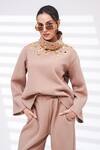 The Episode_Brown Fleece, Cotton Studs Turtle Neck Embellished Sweatshirt And Pant Set _at_Aza_Fashions