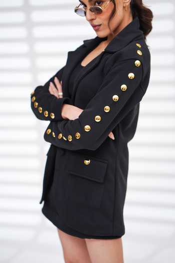 Shop_The Episode_Black Cotton, Fleece Studs Bare Minimum Blazer And Skirt Set _Online_at_Aza_Fashions