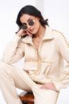 Shop_The Episode_Cream Fleece, Cotton Studs Collared Iconic Embellished Sweatshirt And Pant Set 