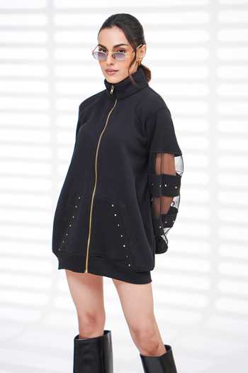 Shop_The Episode_Black Fleece, Cotton Studs High Neck Pack Up Sweatshirt Dress _at_Aza_Fashions