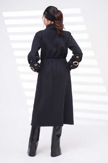 Shop_The Episode_Black Cotton, Fleece Mandarin Collar Plot Twist Grommet Embellished Dress _at_Aza_Fashions