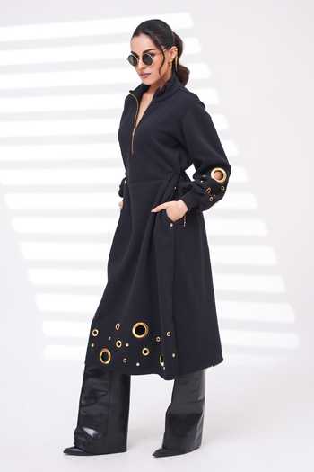 The Episode_Black Cotton, Fleece Mandarin Collar Plot Twist Grommet Embellished Dress _Online_at_Aza_Fashions