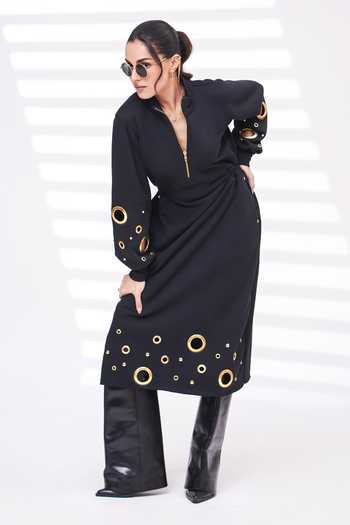 Buy_The Episode_Black Cotton, Fleece Mandarin Collar Plot Twist Grommet Embellished Dress _Online_at_Aza_Fashions