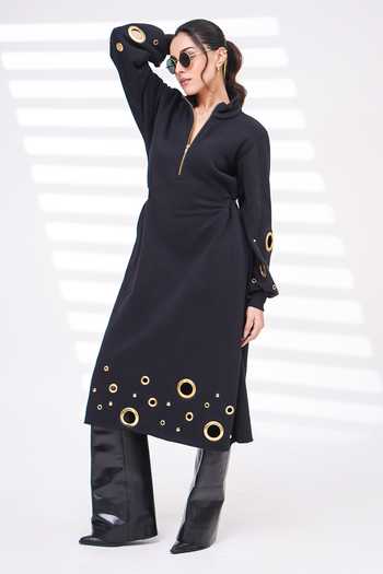 Shop_The Episode_Black Cotton, Fleece Mandarin Collar Plot Twist Grommet Embellished Dress _Online_at_Aza_Fashions