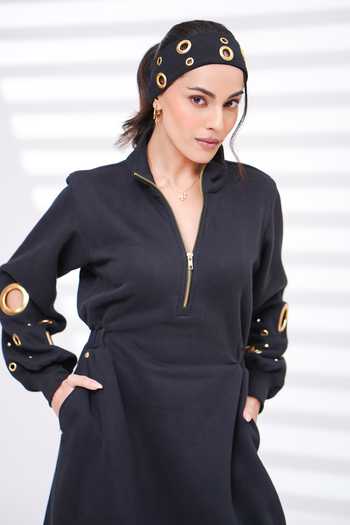 The Episode_Black Cotton, Fleece Mandarin Collar Plot Twist Grommet Embellished Dress _at_Aza_Fashions
