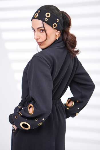 Buy_The Episode_Black Cotton, Fleece Mandarin Collar Plot Twist Grommet Embellished Dress 