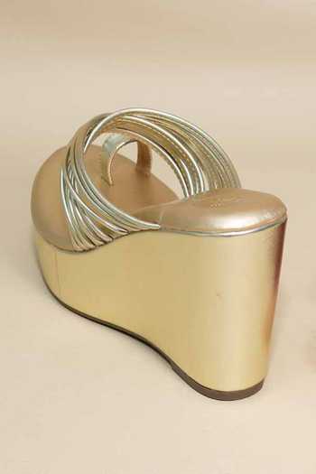 Sana K luxurious Footwear_Gold Metallic Thread String Wedges _Online_at_Aza_Fashions