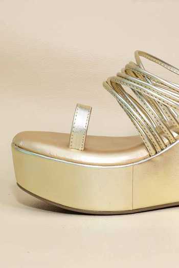 Shop_Sana K luxurious Footwear_Gold Metallic Thread String Wedges _Online_at_Aza_Fashions