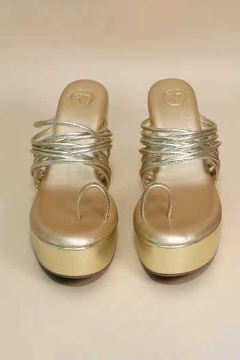 Sana K luxurious Footwear_Gold Metallic Thread String Wedges _at_Aza_Fashions