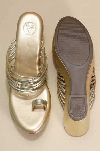 Shop_Sana K luxurious Footwear_Gold Metallic Thread String Wedges _at_Aza_Fashions