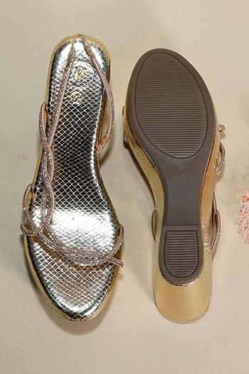 Shop_Sana K Luxurious Footwear_Gold Beads Renne Wedges _at_Aza_Fashions