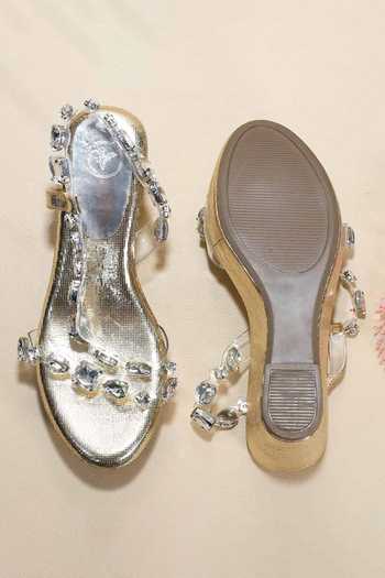 Shop_Sana K luxurious Footwear_Silver Crystals Chunky Rocks Wedges _at_Aza_Fashions