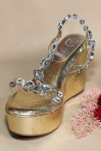 Buy_Sana K luxurious Footwear_Silver Crystals Chunky Rocks Wedges _at_Aza_Fashions