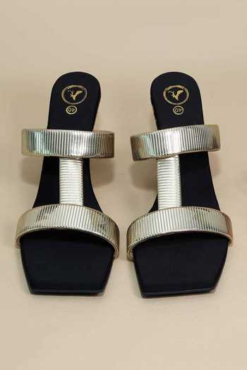 Sana K luxurious Footwear_Black Foil Printing Hani Half Wedges _at_Aza_Fashions